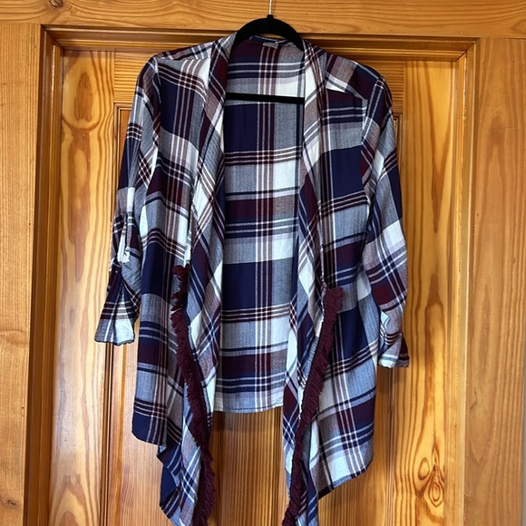 Venus navy white burgundy plaid soft light shirt, great fall layer - Picture 3 of 5